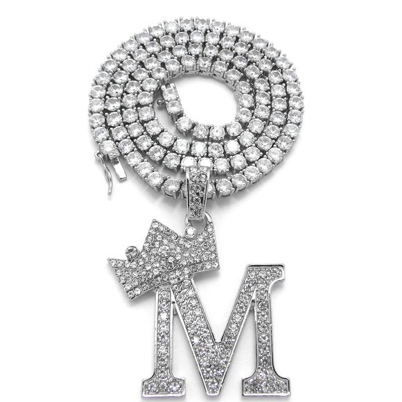 Initial Letter "M" Pendant Tennis Chain Necklace - Picture 6 of 10